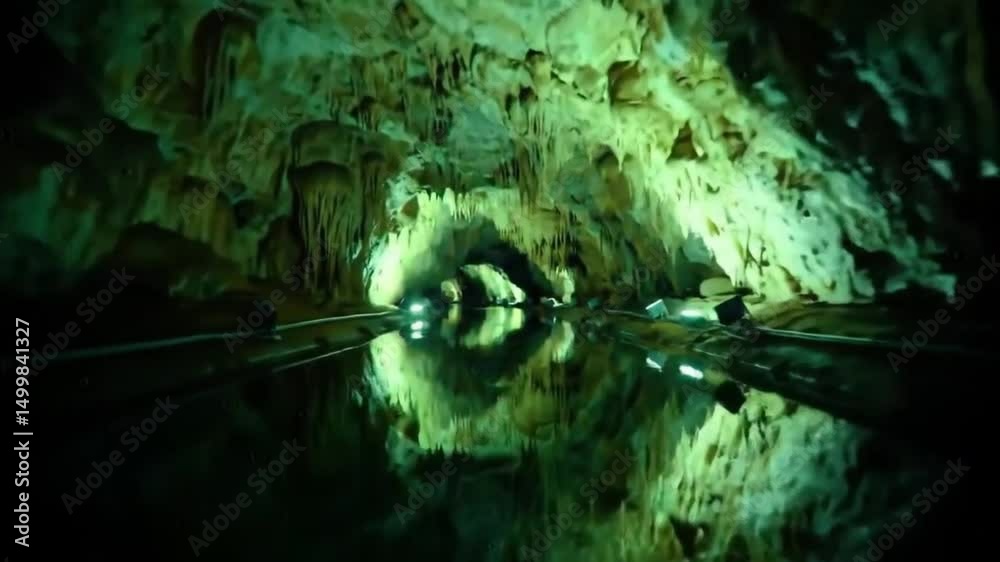 Underground cave tunnel with illuminated rock formations and still ...