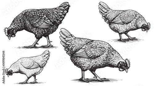 Vintage engraving of chicken pecking natural foraging position in detailed bold-lined classic woodcut style