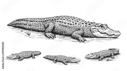 Engraved alligator resting in swamp with textured back closed eyes relaxed posture natural wetland background feel