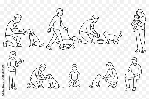 Minimalist Line Art Set of Pet Care and Animal Bonding – Dogs, Cats, and Owners
