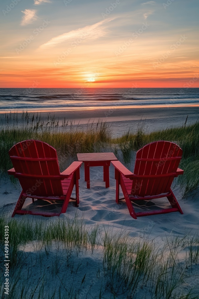 Fototapeta premium Two red beach chairs on the sand at sunset