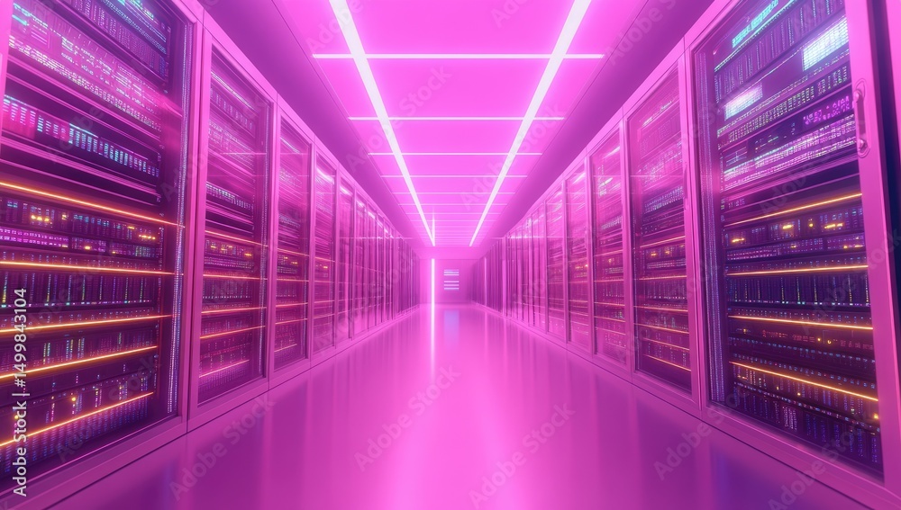 Fototapeta premium Neon-lit server room hallway (2)