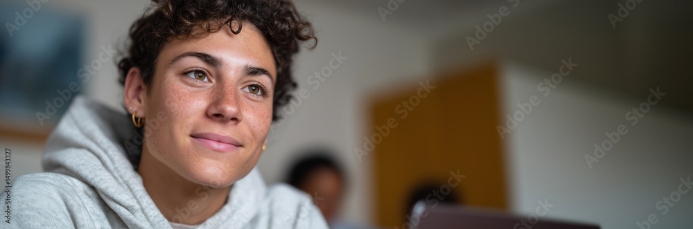 Fototapeta premium Student engaged in virtual study group session for collaborative learning