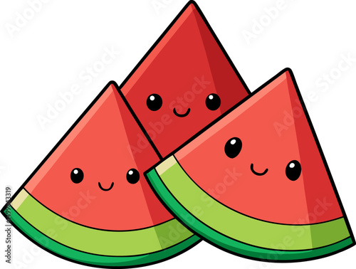 Watermelon illustration with double slices and cute eyes in bright flat style for fun fruity visuals