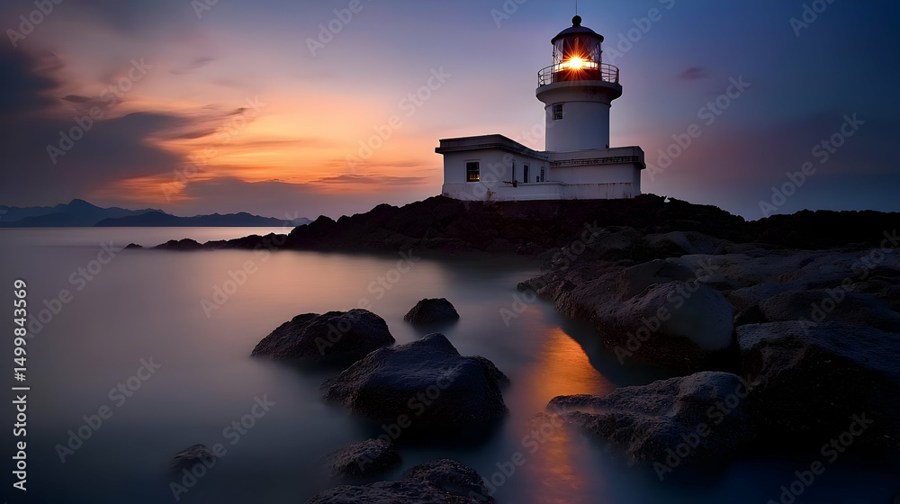 Fototapeta premium Lighthouse at Sunset on Rocky Coastline