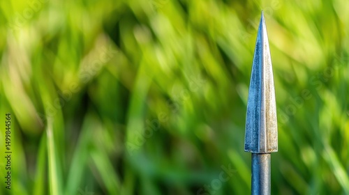 Sharp metal spearhead against a blurred green grass background.