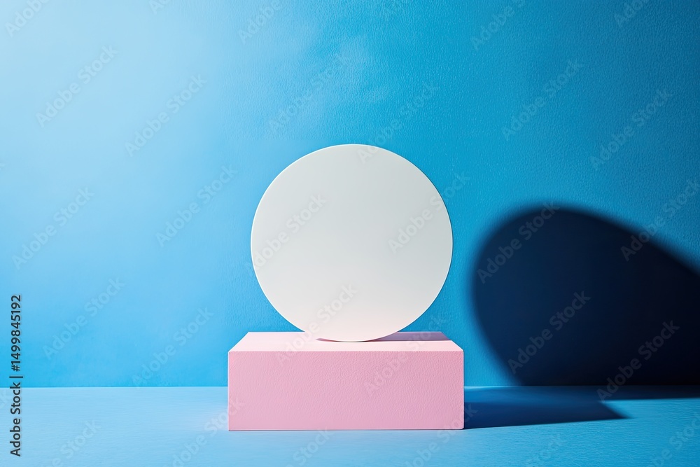A minimalist scene features a white circular disc atop a pale pink cube against a vibrant blue backdrop; a dramatic shadow is cast A minimalist scene features a white circular disc atop a pale pink cube against a vibrant blue backdrop; a dramatic shadow is cast