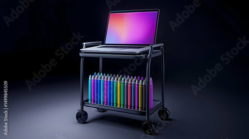 Laptop On Rolling Cart With Colorful Crayons