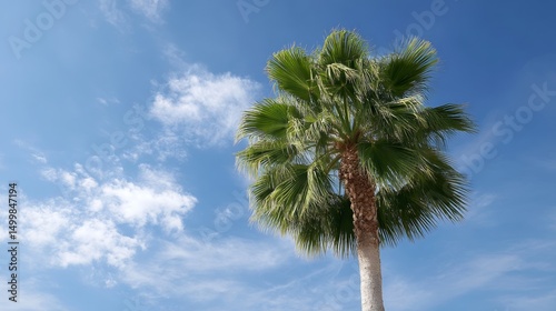 Palm tree is standing tall in a blue sky. The sky is mostly clear with a few clouds scattered around. The palm tree is the main focus of the image, and it is reaching for the sky