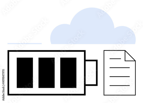 Battery icon next to a document under a cloud, symbolizing energy efficiency, digital storage, sustainability, online documents, green energy, cloud computing, and technology. Ideal for energy
