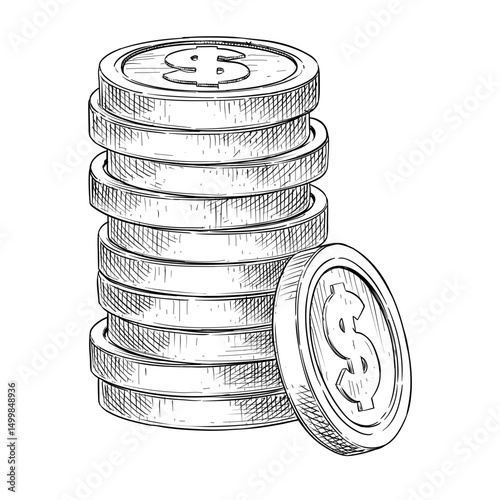stack coins money vector line art hand drawn illustration