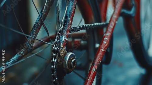 Close-up view of a weathered bicycle chain and frame.