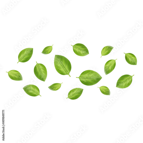 Basil leaves floating in mid-air on transparent PNG background