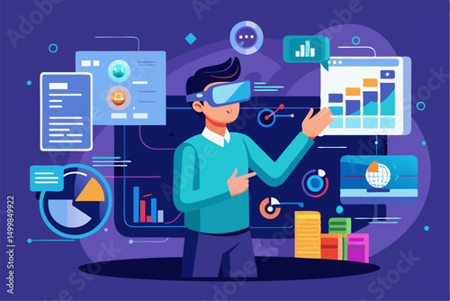Business person interacting with a futuristic digital marketing interface, showcasing online advertising analytics, data charts, email marketing, and campaign performance metrics on a virtual screen. 