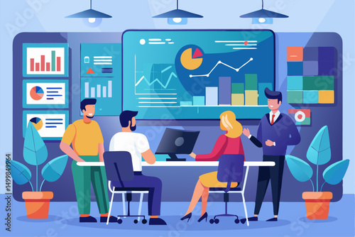 Business person interacting with a futuristic digital marketing interface, showcasing online advertising analytics, data charts, email marketing, and campaign performance metrics on a virtual screen. 