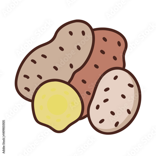 Illustrative depiction of assorted potato tubers on a white background  