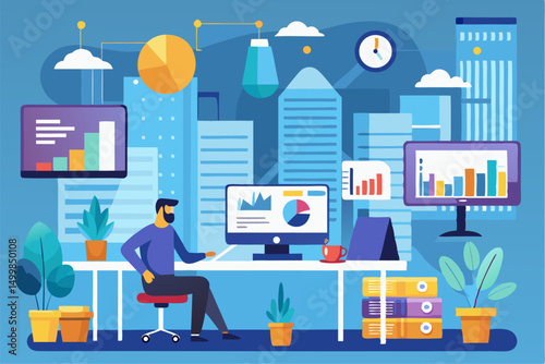 Business person interacting with a futuristic digital marketing interface, showcasing online advertising analytics, data charts, email marketing, and campaign performance metrics on a virtual screen. 