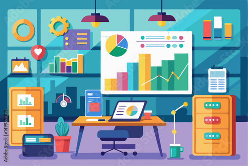 Business person interacting with a futuristic digital marketing interface, showcasing online advertising analytics, data charts, email marketing, and campaign performance metrics on a virtual screen. 