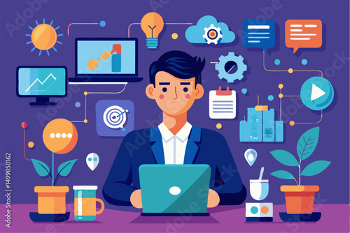 Business person interacting with a futuristic digital marketing interface, showcasing online advertising analytics, data charts, email marketing, and campaign performance metrics on a virtual screen. 