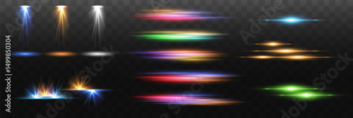 Collection of special effects. Spotlights. Horizontal lines with the effect of light speed. Bright laser beams, explosion of glare. Vector illustration