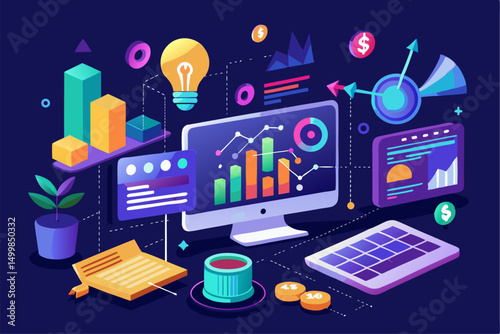 Business person interacting with a futuristic digital marketing interface, showcasing online advertising analytics, data charts, email marketing, and campaign performance metrics on a virtual screen. 