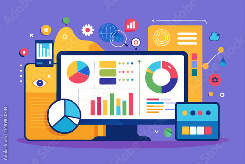 Business person interacting with a futuristic digital marketing interface, showcasing online advertising analytics, data charts, email marketing, and campaign performance metrics on a virtual screen. 