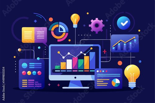 Business person interacting with a futuristic digital marketing interface, showcasing online advertising analytics, data charts, email marketing, and campaign performance metrics on a virtual screen. 