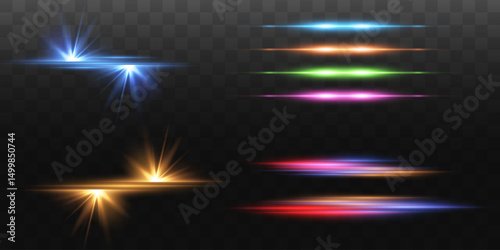 Collection of special effects. Spotlights. Horizontal lines with the effect of light speed. Bright laser beams, explosion of glare. Vector illustration