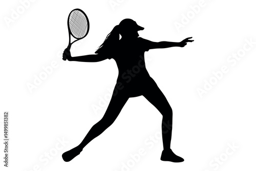Silhouette of a female tennis player in the motion of serving a tennis ball