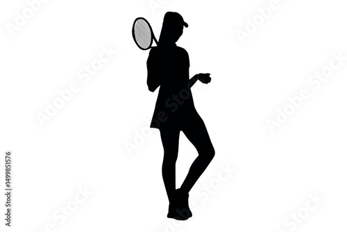Silhouette of a female tennis player holding a racket and ball on a white background