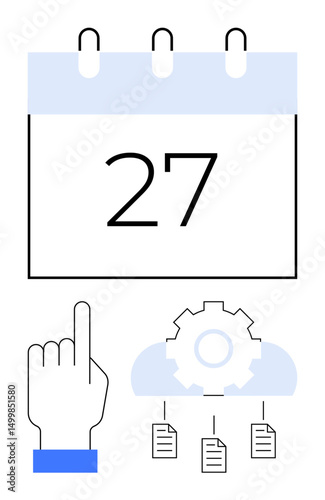 Calendar displays date 27 with a pointing hand, gear icon, and connected documents symbolizing scheduling, automation, collaboration. Ideal for time management, workflow, organization, planning