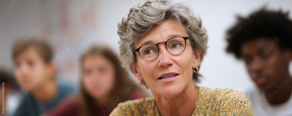 Fototapeta premium Engaged teacher leading interactive classroom discussion in modern education setting