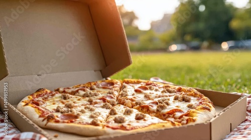 Delicious Pizza Box with Savory Pizza on Cozy Blanket Perfect for Sharing