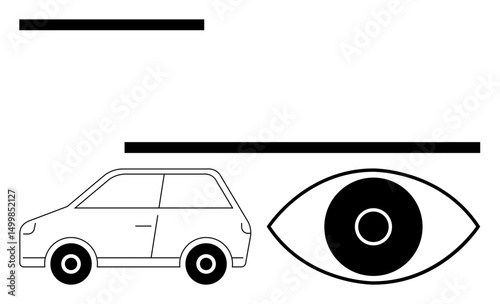 Compact car illustration next to a large eye symbol, paired with bold black lines. Ideal for themes of transportation, vision, surveillance, safety, monitoring, futurism, or a simple landing page