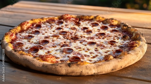 Deliciously Baked Pizza on Rustic Wooden Table Surrounded by Fresh Herbs