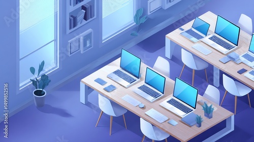 Isometric office space with computers and furniture creates a workspace environment