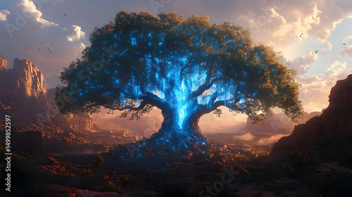 Glowing blue tree with lush green canopy in a dry, rocky landscape with a soft sunset sky behind it