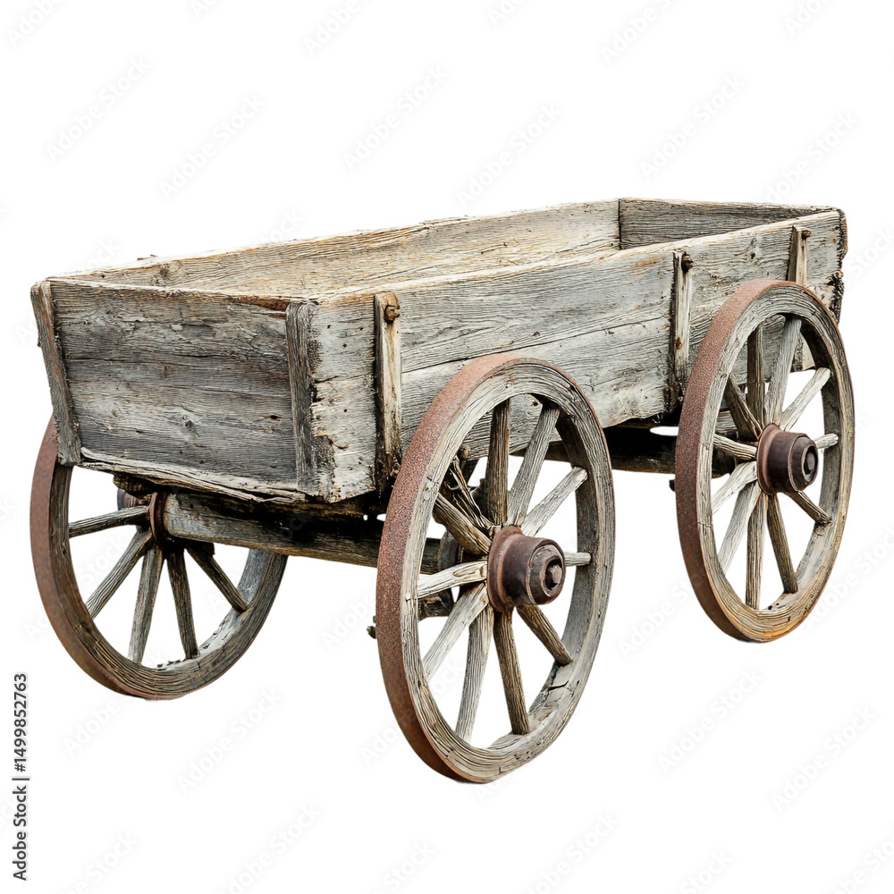 Fototapeta premium Antique wooden wagon wheels in a rustic, countryside setting. [Transparent Background PNG]