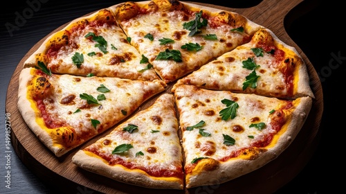 Deliciously Fresh Pizza Topped with Cheese and Sauce on Wooden Board