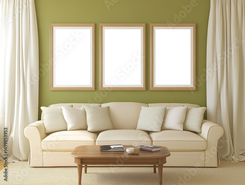 Cozy Living Room with Blank Poster Frames – 3D Render