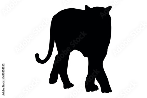 Black silhouette of a tiger walking away from the viewer on a white background