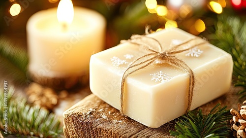 Creamy, handcrafted soap wrapped in twine, a festive gift. photo