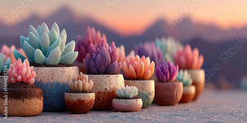 Vibrant Succulent Plant Arrangement Against Sunset Mountain Scenery