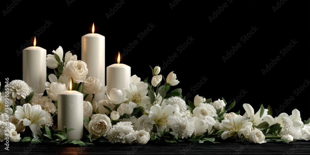 Fototapeta premium White Candles and Flowers on Black Background for Funeral and Memorial Services