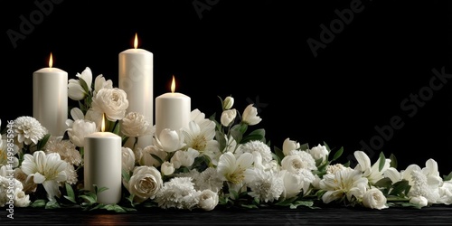 White Candles and Flowers on Black Background for Funeral and Memorial Services