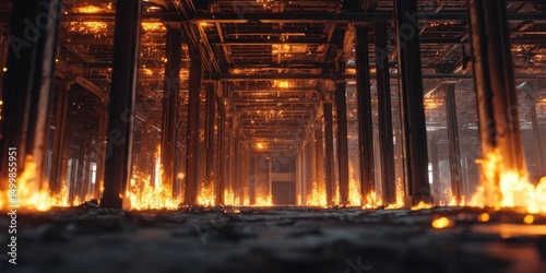 Warehouse on Fire with Blazing Flames and Structural Damage