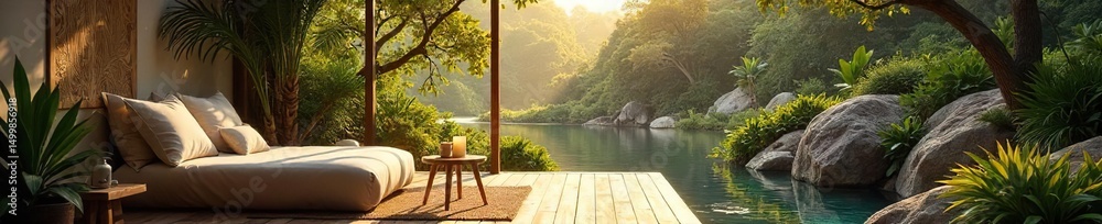 Obraz premium A tranquil scene depicting a cozy, inviting space perfect for relaxation and rejuvenation; a haven of peace and quiet ideal for unwinding after a long day , quiet, calmness, spa