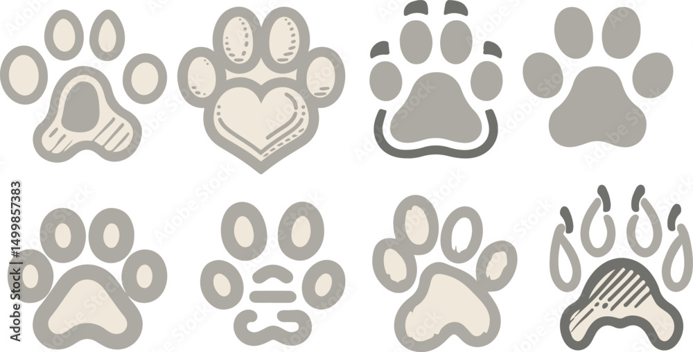 Fototapeta premium Pet paw print with editable stroke. Includes footprints, a heart featuring a paw print, and icons representing dogs and cats. Vector ideal for pet-themed designs. 