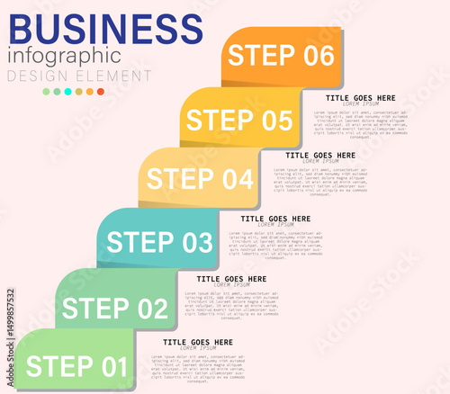 6 Stage or step Business Infographic Design Element with Curved Rectangles, Pastel Color Progression timeline 