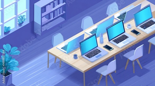 Isometric Coworking Space Illustration Featuring Laptops and Minimalist Furniture